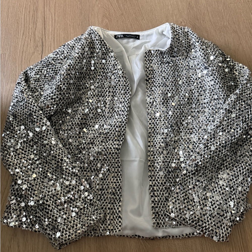 Zara Silver Sequin Knit Open Blazer Jacket